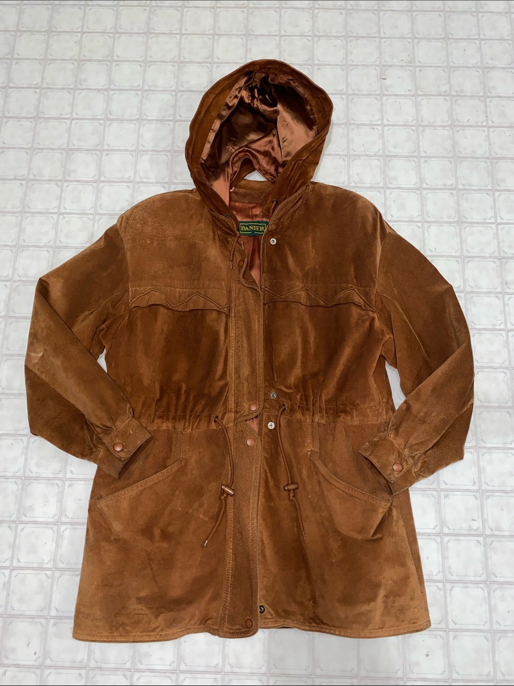 Vintage Danier Brown Suede Leather Hooded Drawstring Coat